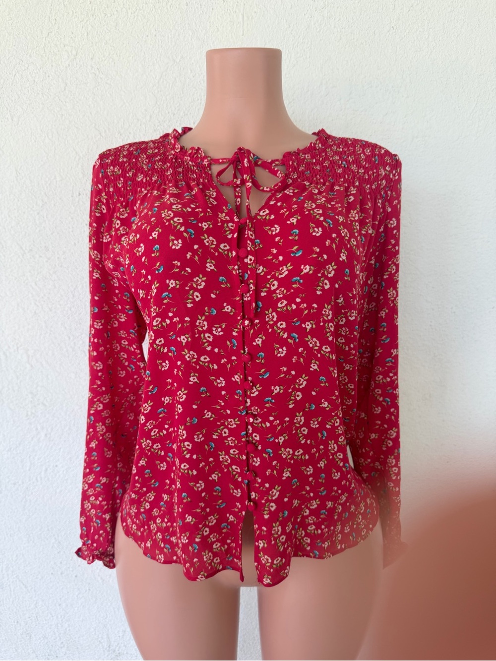 Rose & Olive Red Floral Button-Front Tie-Neck Blouse